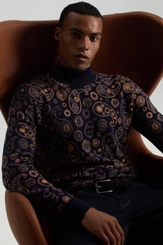 Saf Kaşmir Paisley Desen Lupetto Yaka Lacivert Triko