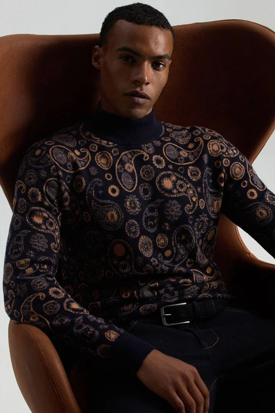 Hemington - Saf Kaşmir Paisley Desen Lupetto Yaka Lacivert Triko
