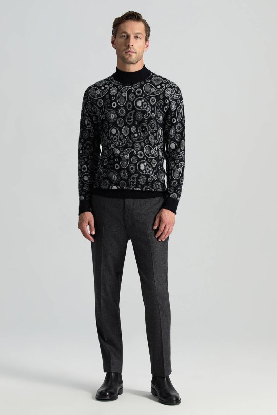 Saf Kaşmir Paisley Desen Lupetto Yaka Siyah Triko