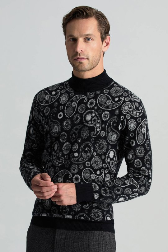 Saf Kaşmir Paisley Desen Lupetto Yaka Siyah Triko