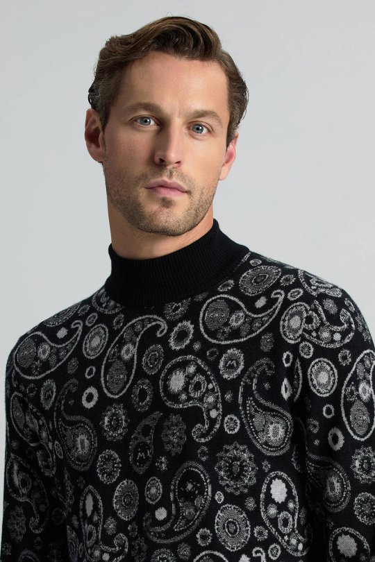 Saf Kaşmir Paisley Desen Lupetto Yaka Siyah Triko