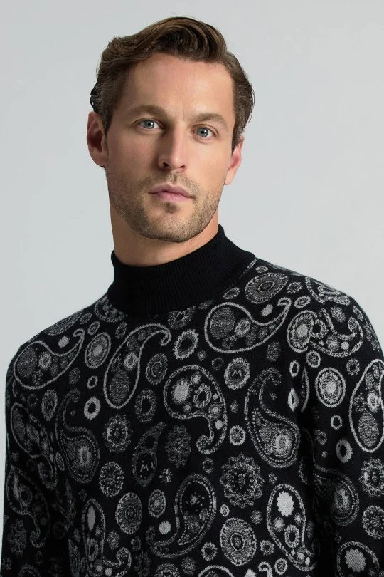 Hemington - Saf Kaşmir Paisley Desen Lupetto Yaka Siyah Triko (4)