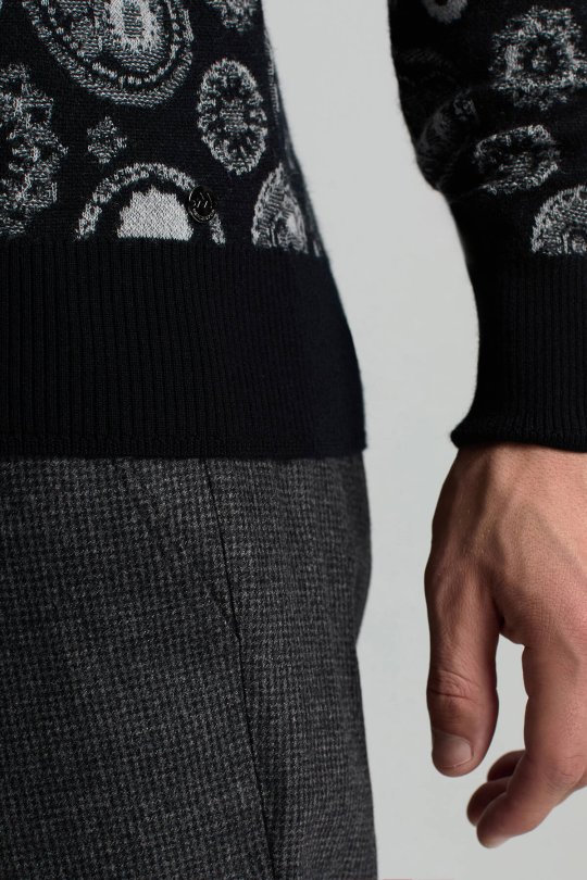 Saf Kaşmir Paisley Desen Lupetto Yaka Siyah Triko