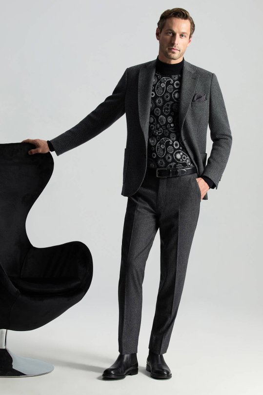 Saf Kaşmir Paisley Desen Lupetto Yaka Siyah Triko