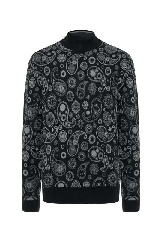 Saf Kaşmir Paisley Desen Lupetto Yaka Siyah Triko