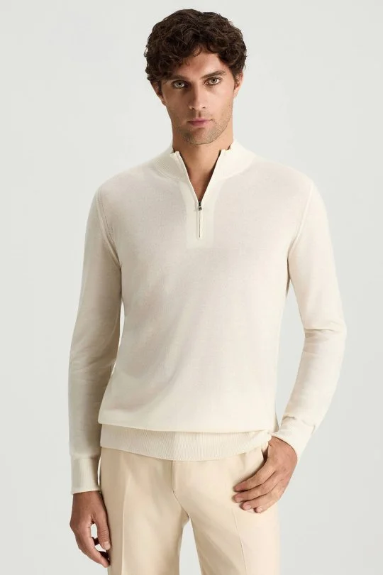 Hemington - Saf Kaşmir Polo Yaka Fermuarlı Beyaz Triko (1)