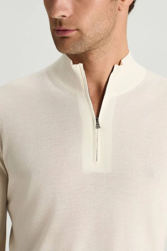 Hemington - Saf Kaşmir Polo Yaka Fermuarlı Beyaz Triko (4)