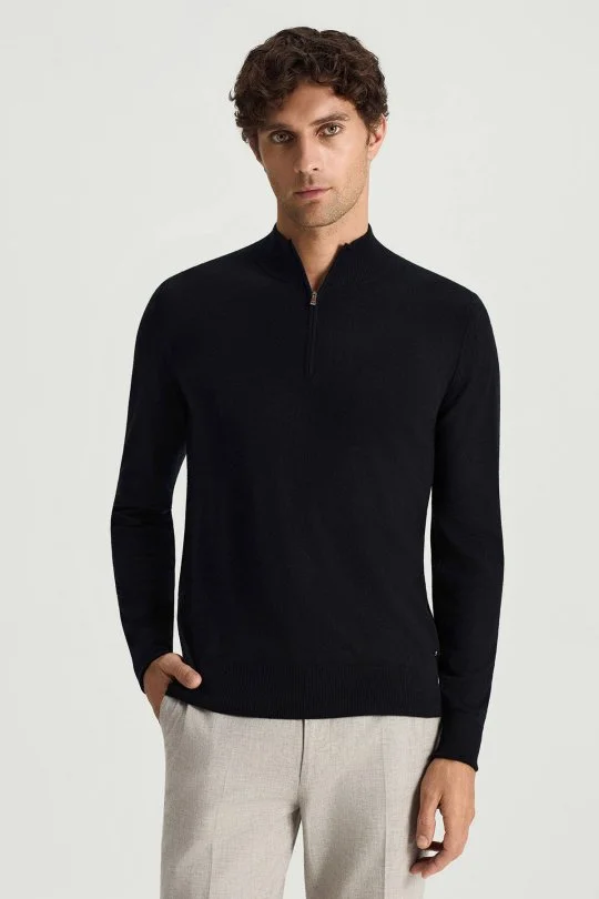 Hemington - Saf Kaşmir Polo Yaka Fermuarlı Siyah Triko (1)