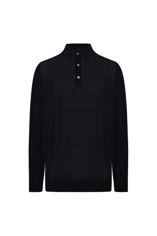 Saf Kaşmir Polo Yaka Şerit Desenli Siyah Triko