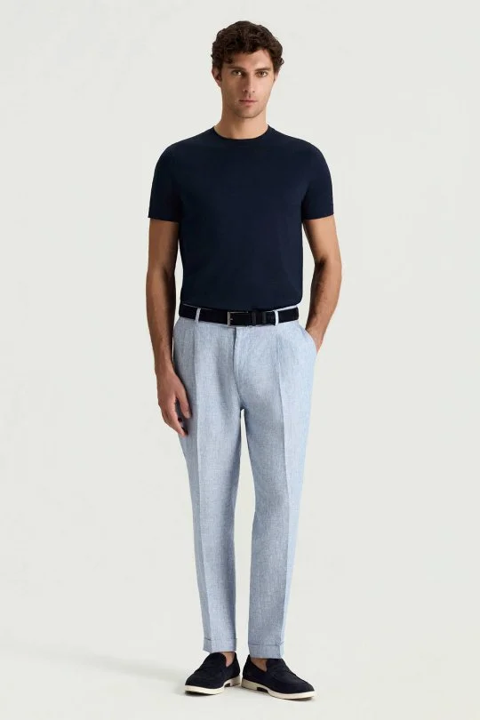 Hemington - Saf Keten Açık Mavi Pileli Pantolon (1)