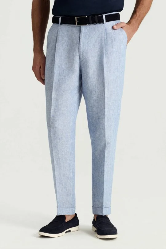 Hemington - Saf Keten Açık Mavi Pileli Pantolon (2)