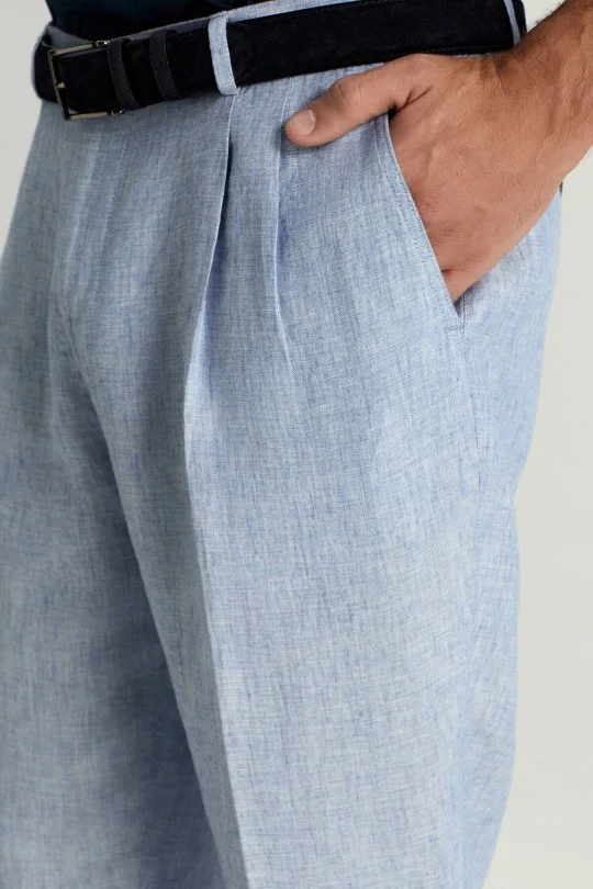 Hemington - Saf Keten Açık Mavi Pileli Pantolon (3)