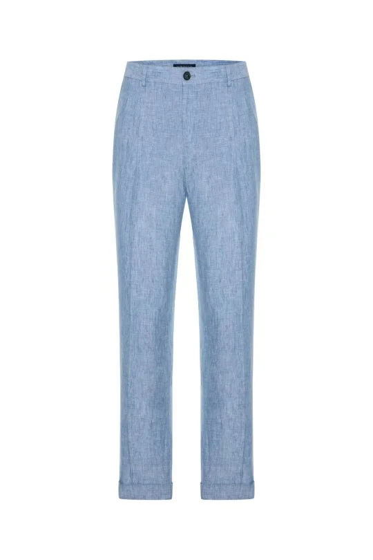 Hemington - Saf Keten Açık Mavi Pileli Pantolon (6)