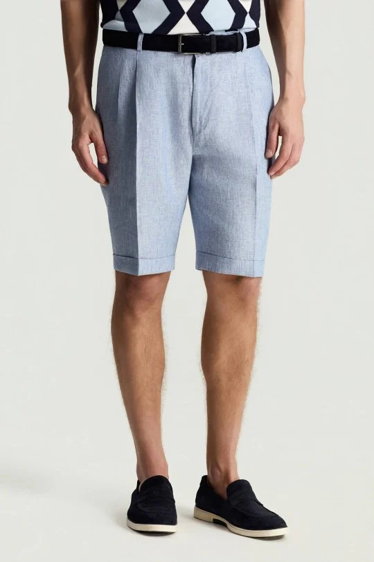 Saf Keten Açık Mavi Pileli Şort