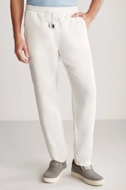 Hemington - Saf Keten Bağcıklı Kırık Beyaz Pantolon