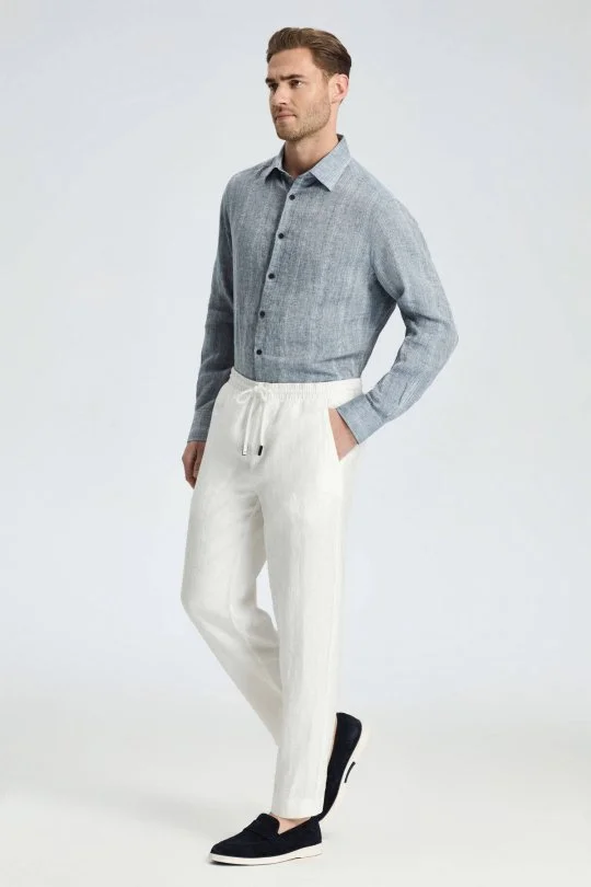 Hemington - Saf Keten Bağcıklı Kırık Beyaz Pantolon (3)