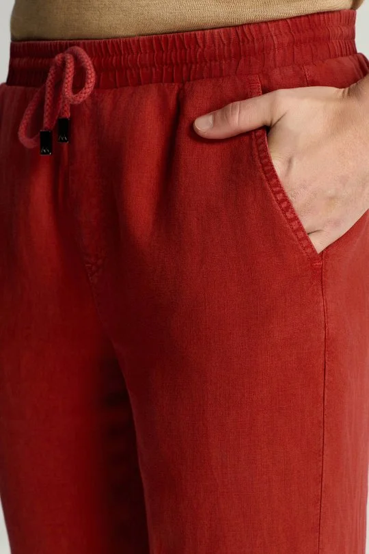 Hemington - Saf Keten Bağcıklı Koyu Kırmızı Pantolon (3)