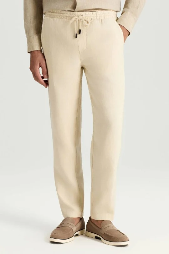 Hemington - Saf Keten Bağcıklı Krem Pantolon (1)