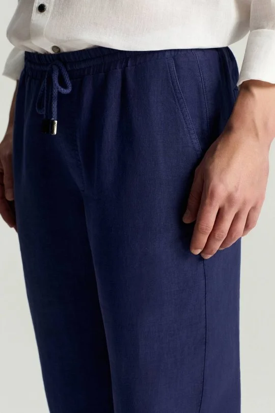 Hemington - Saf Keten Bağcıklı Mavi Pantolon (3)