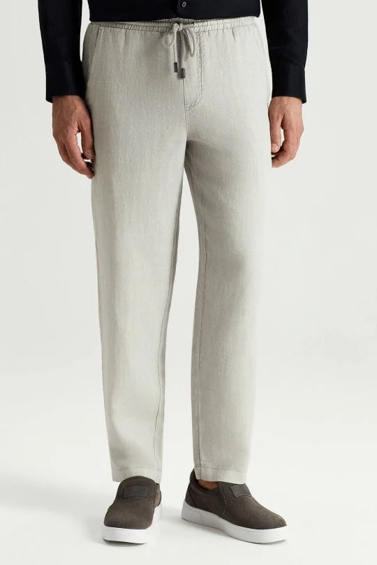 Saf Keten Bağcıklı Açık Gri Pantolon