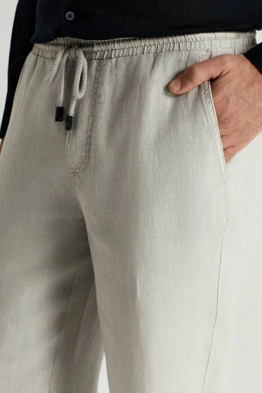 Saf Keten Bağcıklı Açık Gri Pantolon