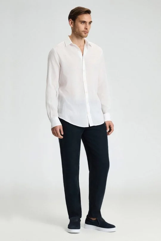 Saf Keten Bağcıklı Lacivert Pantolon