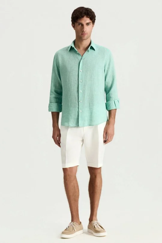 Saf Keten Beyaz Pileli Şort