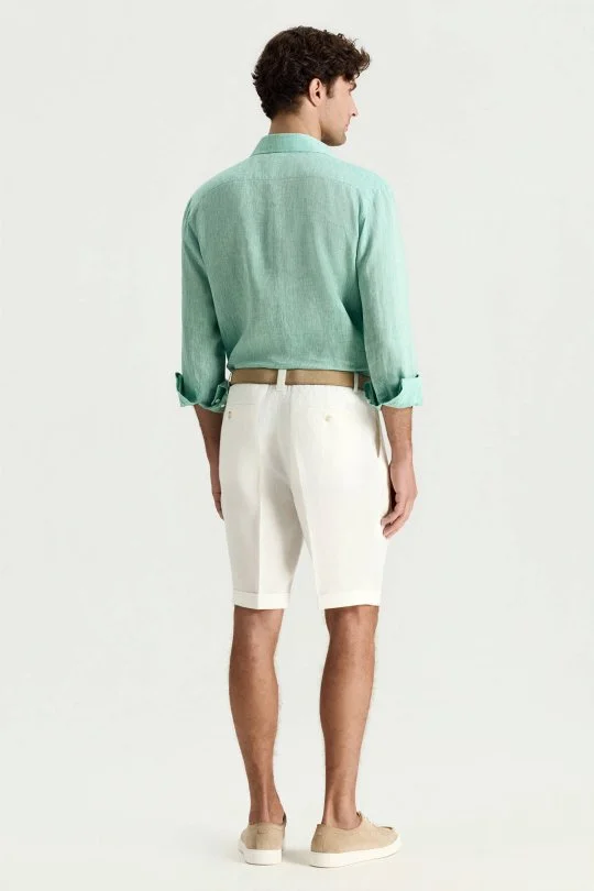 Saf Keten Beyaz Pileli Şort