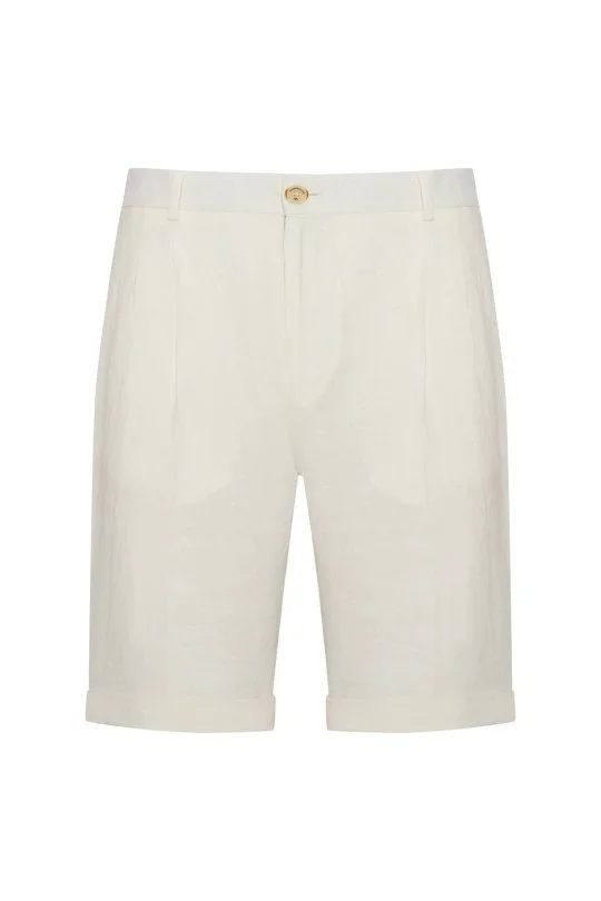 Saf Keten Beyaz Pileli Şort