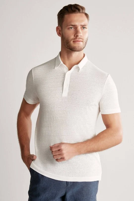 Hemington - Saf Keten Beyaz Polo Yaka T-Shirt (5)