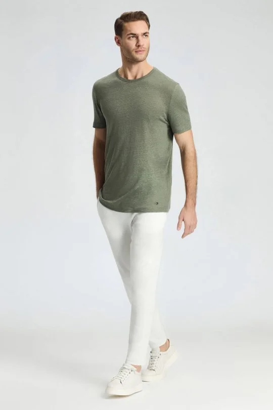 Saf Keten Haki Bisiklet Yaka T-Shirt