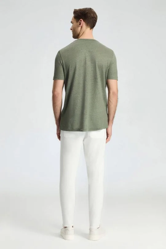 Saf Keten Haki Bisiklet Yaka T-Shirt