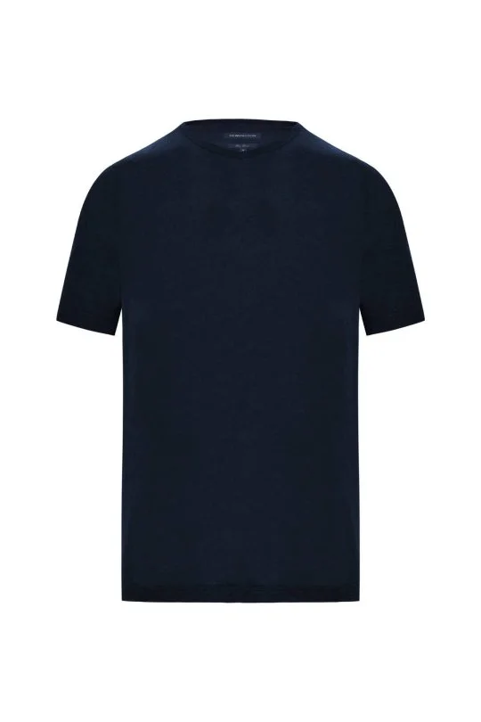 Saf Keten Lacivert Bisiklet Yaka T-Shirt