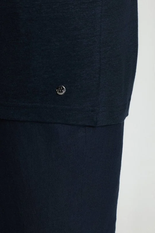 Saf Keten Lacivert Bisiklet Yaka T-Shirt