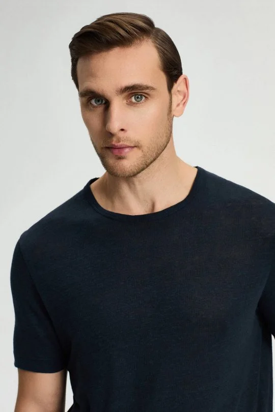 Saf Keten Lacivert Bisiklet Yaka T-Shirt