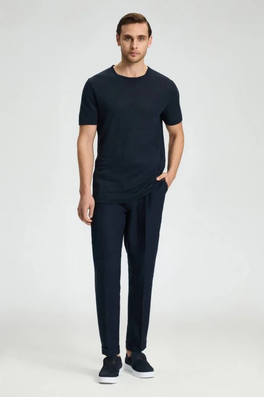 Saf Keten Lacivert Bisiklet Yaka T-Shirt