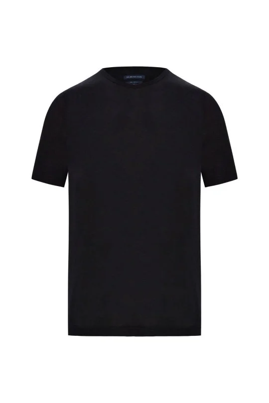 Saf Keten Siyah Bisiklet Yaka T-Shirt