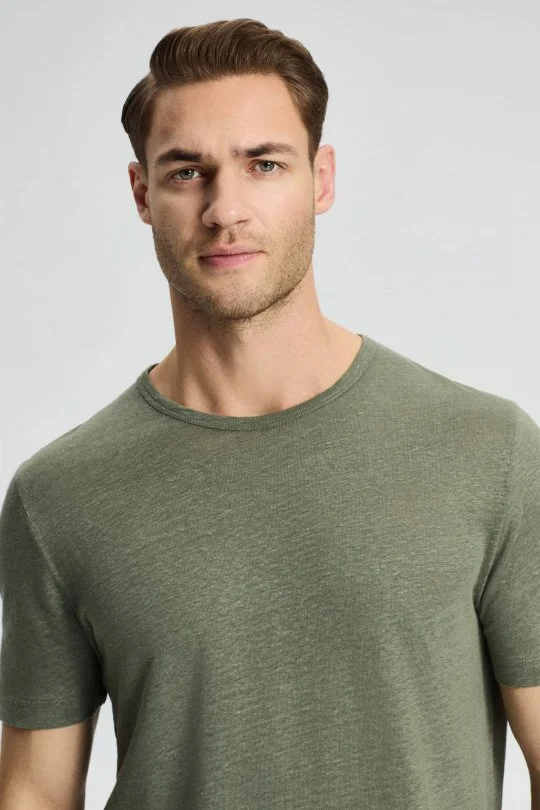 Hemington - Saf Keten Haki Bisiklet Yaka T-Shirt (4)