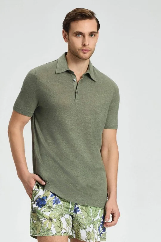 Hemington - Saf Keten Haki Polo Yaka T-Shirt (1)