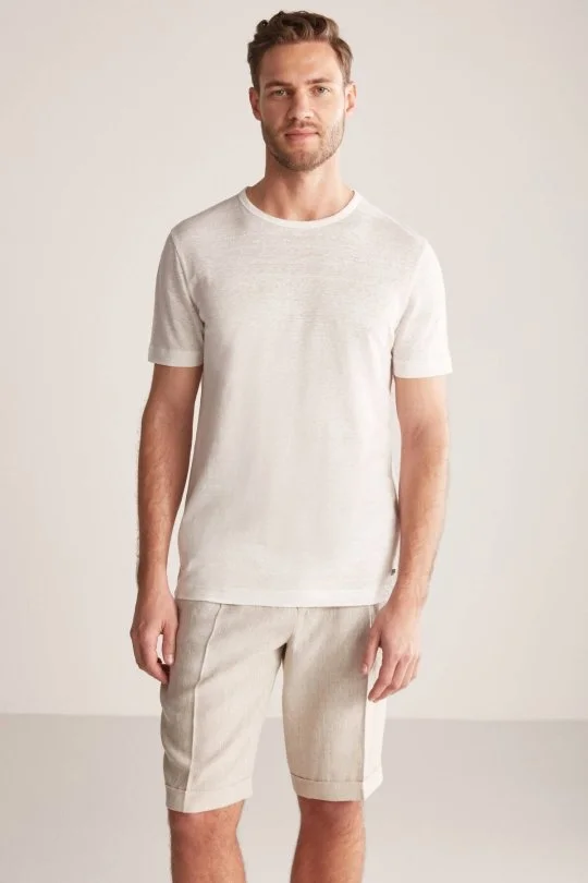 Hemington - Saf Keten Kırık Beyaz Bisiklet Yaka T-Shirt