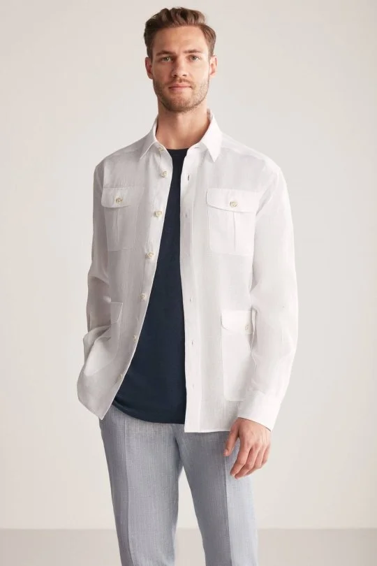 Hemington - Saf Keten Kırık Beyaz Dış Giyim Gömlek