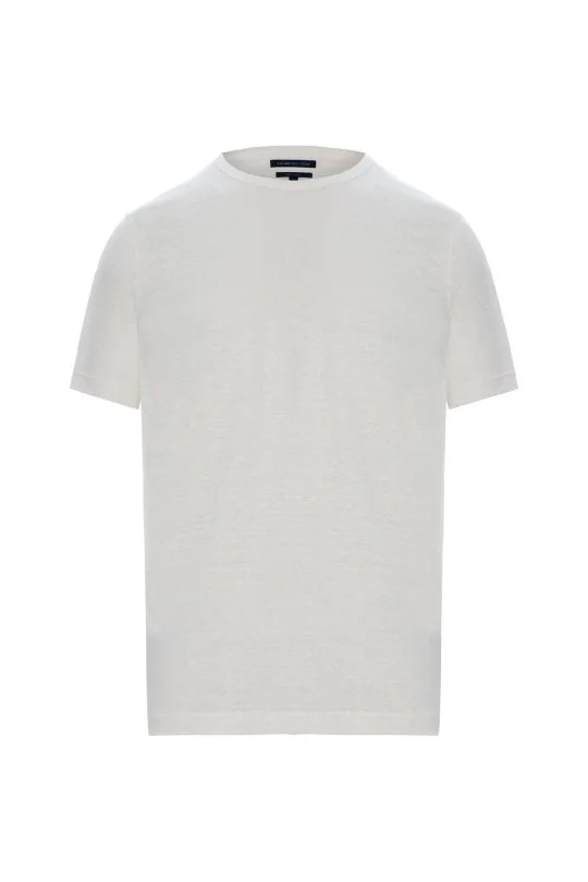 Saf Keten Kırık Beyaz Bisiklet Yaka T-Shirt