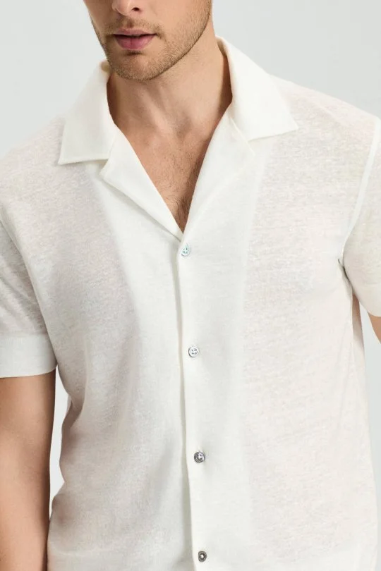 Saf Keten Kısa Kollu Beyaz Gömlek