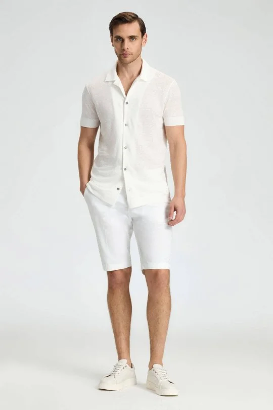 Saf Keten Kısa Kollu Beyaz Gömlek
