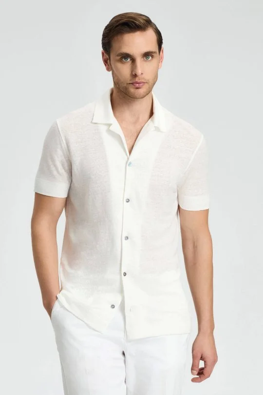 Saf Keten Kısa Kollu Beyaz Gömlek