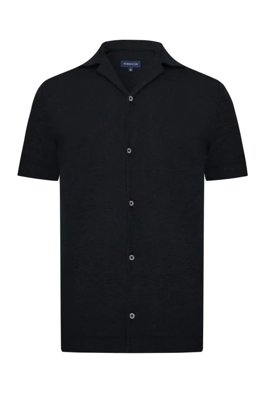 Saf Keten Kısa Kollu Siyah Gömlek