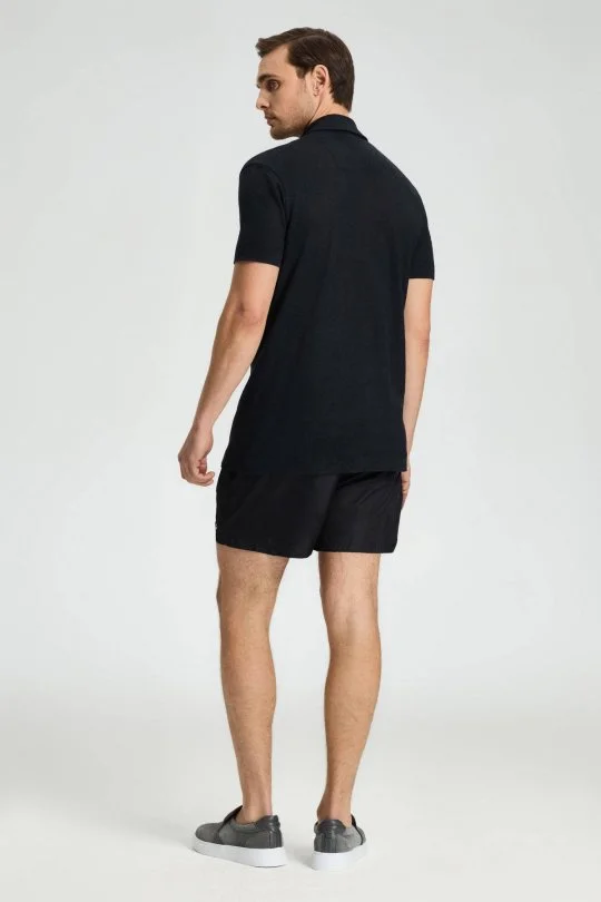 Saf Keten Kısa Kollu Siyah Gömlek