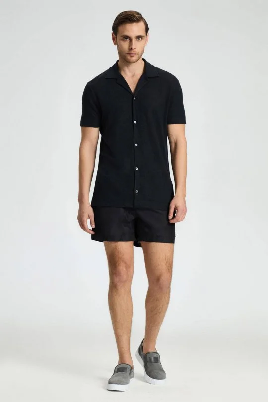Saf Keten Kısa Kollu Siyah Gömlek