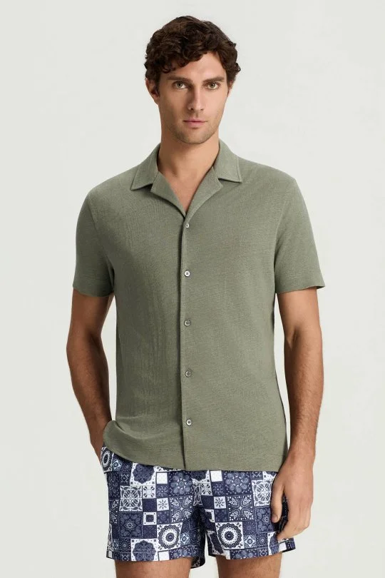 Saf Keten Kısa Kollu Haki Gömlek