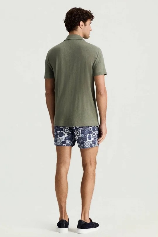 Saf Keten Kısa Kollu Haki Gömlek